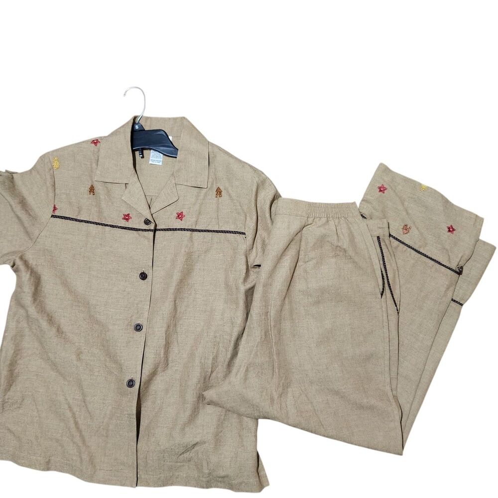 E.l.c.c Set Top Pants Size Medium/Large Brown Embroidered Silk-Linen-Rayon. - Picture 9 of 15